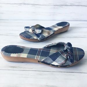 J Crew | Navy Plaid Tropez Wood Slide Sandals | 7